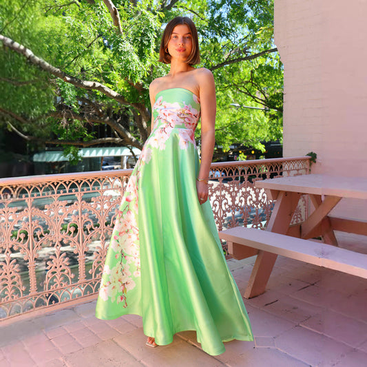 Dress for Women – Satin Evening Dress – Figure-Hugging Fit – Strapless with Floral Pattern – Floor-Length Elegance
