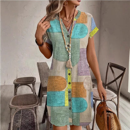 Dress woman – Relaxed fit – Knee-length – V-neck – Short sleeve – Geometric pattern – Breathable fabric – Buttons front