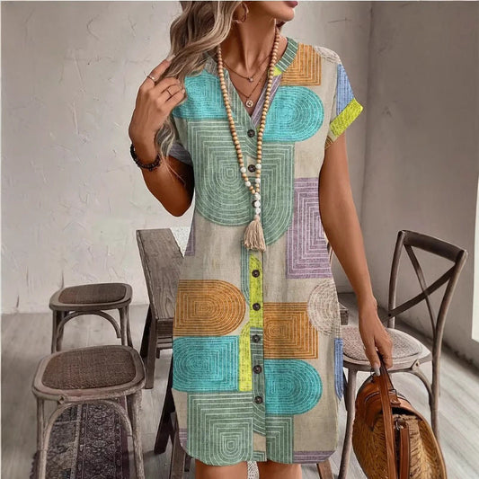 Dress woman – Relaxed fit – Knee-length – V-neck – Short sleeve – Geometric pattern – Breathable fabric – Buttons front