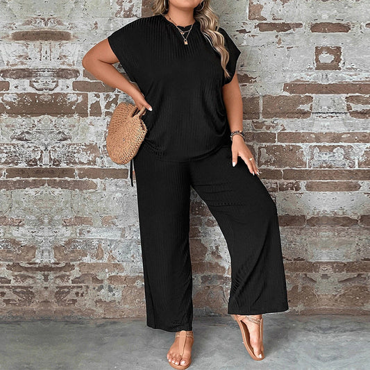Women's Two-Piece Set – Relaxed Fit – Textured Fabric – Short Sleeves – Wide Legs