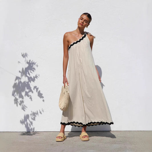 Women's Maxi Dress – One Shoulder – Relaxed Fit – Breathable Material – Wavy Hem