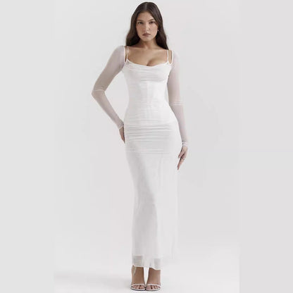Dress for Women – Tight Fit – Mesh Sleeves – Low Back – Ankle Length – Split Detail