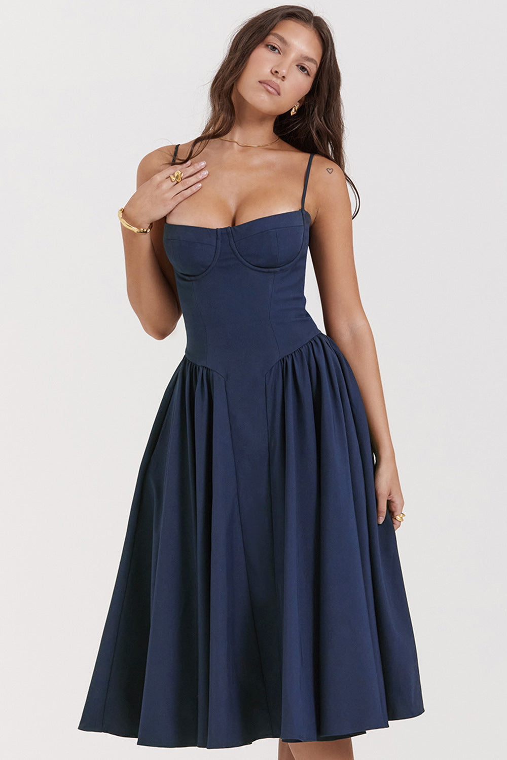 Dress for Women – Midi Length – Slim Top – Spaghetti Straps – Pleated Skirt
