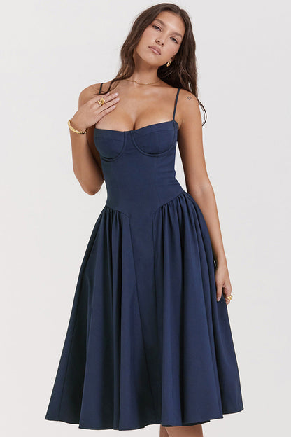 Dress for Women – Midi Length – Slim Top – Spaghetti Straps – Pleated Skirt