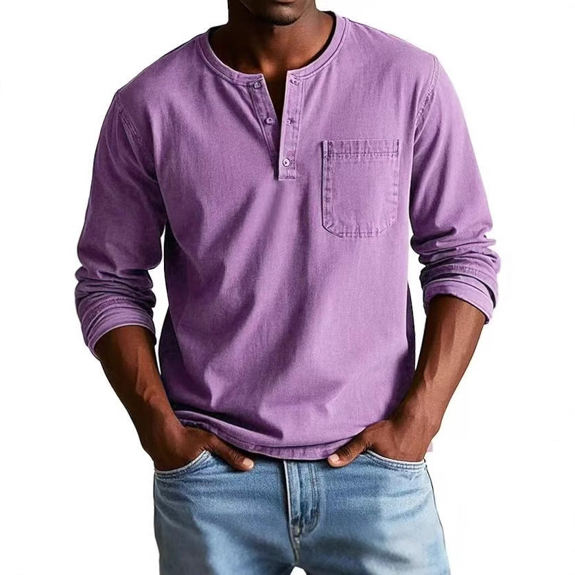 Men's Long-Sleeve T-Shirt – Slim Fit – Breathable Fabric – Button Neck and Chest Pocket