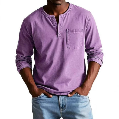 Men's Long-Sleeve T-Shirt – Slim Fit – Breathable Fabric – Button Neck and Chest Pocket