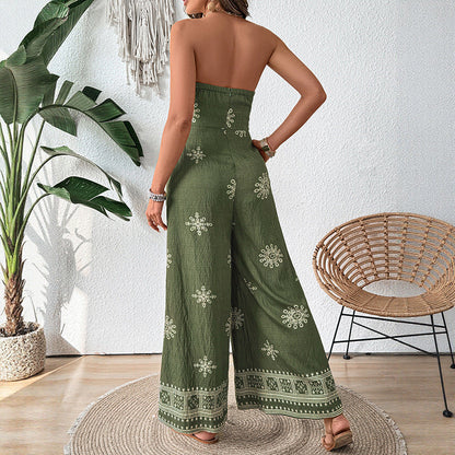 Dame Jumpsuit – Stroppeløs – Vide Ben – Bomull Linblanding – Knytebelte