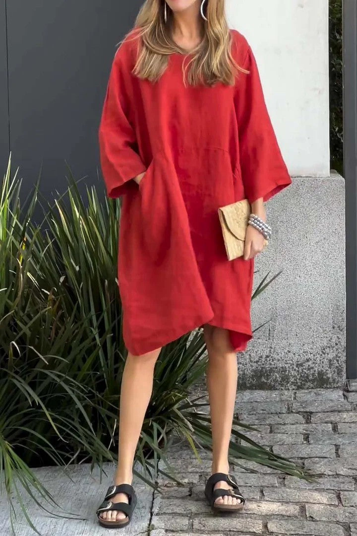 Dress woman – Loose fit – Linen and cotton – 3/4 sleeve – Knee-length – With pockets