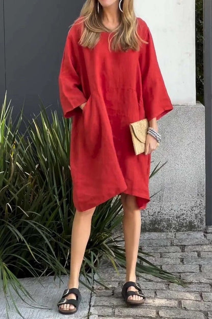Dress woman – Loose fit – Linen and cotton – 3/4 sleeve – Knee-length – With pockets