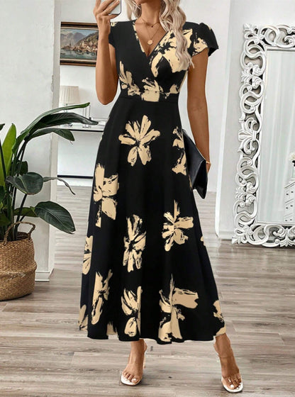 Dress for Women – Maxi Dress – Wrap Bodice – V-Neck – Floral Print – Wide Skirt