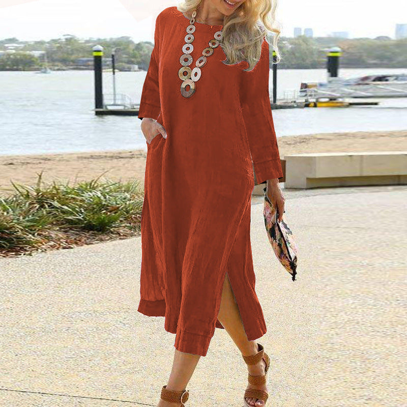 Women's Shirt Dress – Relaxed Fit – Lightweight Woven – Midi Length – Long Sleeves – Split