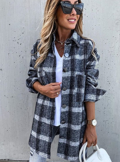 Women's Coat – Check Pattern – Oversized Fit – Wool Texture – Knee Length – Casual