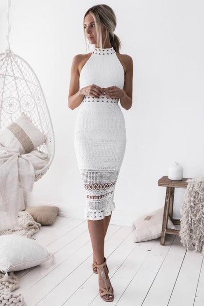 Dress for Women – Slim Fit – Halterneck – Lace and Crochet Details – Midi Length