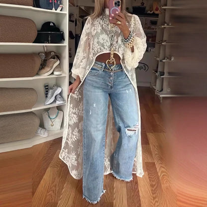 Women's Long Kimono – Sheer Floral Design – Loose Fit – Light and Elegant Layering