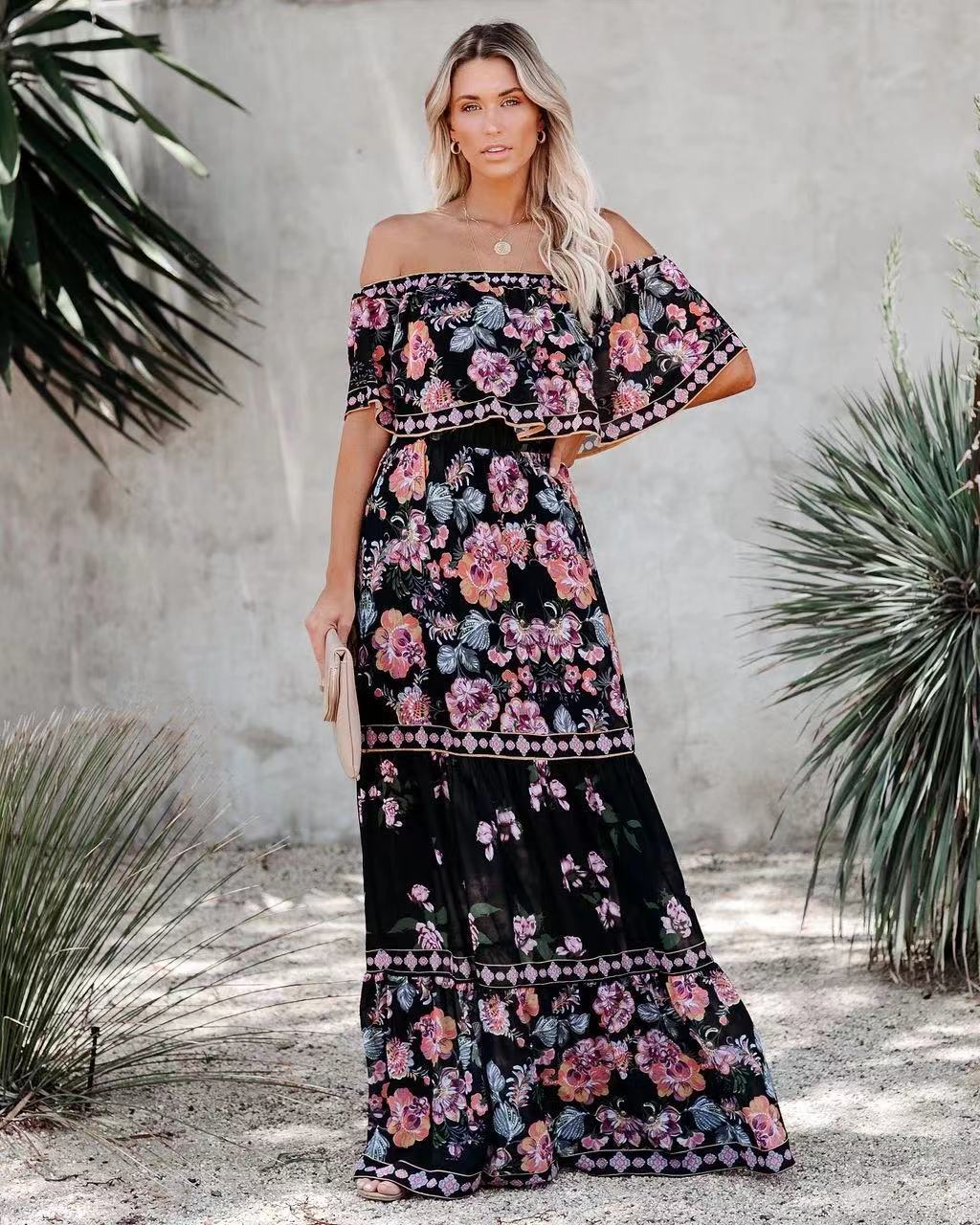 Women's Maxi Dress – Off Shoulder – Ruffle Edge – Floral Print – Belt at Waist