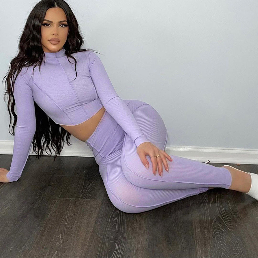 Women's Training Set – Ribbed Knit – Slim Fit – Crop Top with High Neck – High-Waisted Tights