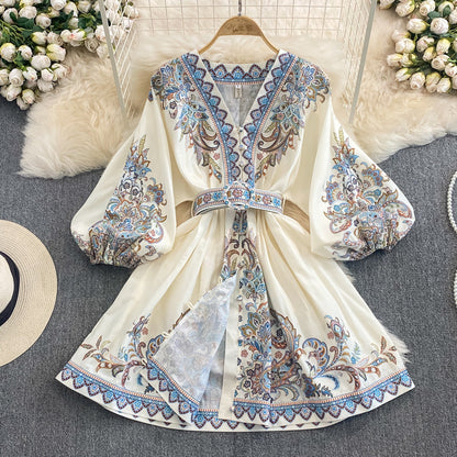 Women's Maxi Dress – Relaxed Fit – V-Neck with Decoration – Belt at Waist – Breathable Fabric