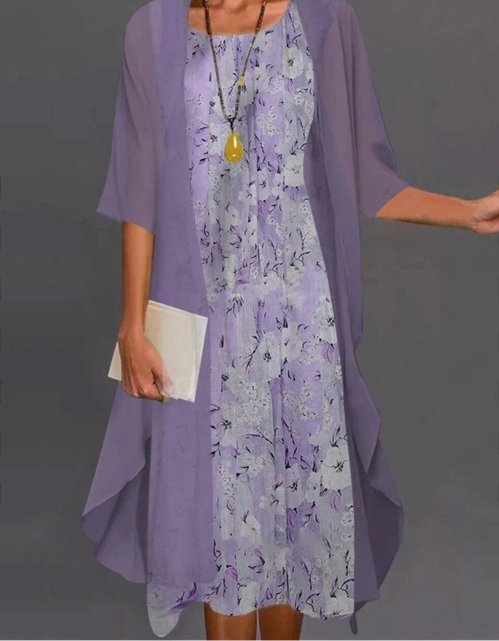 Dress for Women – Chiffon Set – Relaxed Fit – Two-Piece Design – Midi Length – Floral Layer