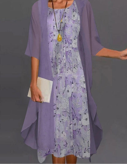 Dress for Women – Chiffon Set – Relaxed Fit – Two-Piece Design – Midi Length – Floral Layer