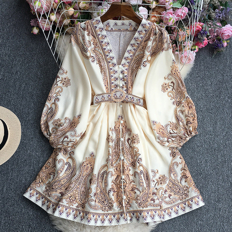 Women's Maxi Dress – Relaxed Fit – V-Neck with Decoration – Belt at Waist – Breathable Fabric