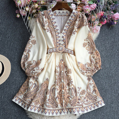 Women's Maxi Dress – Relaxed Fit – V-Neck with Decoration – Belt at Waist – Breathable Fabric