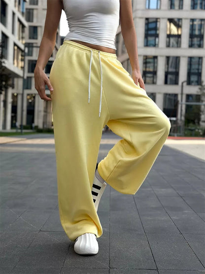 Women's Casual Pants – Wide Legs – Relaxed Fit – Soft Knitted Fabric – Drawstring Waist