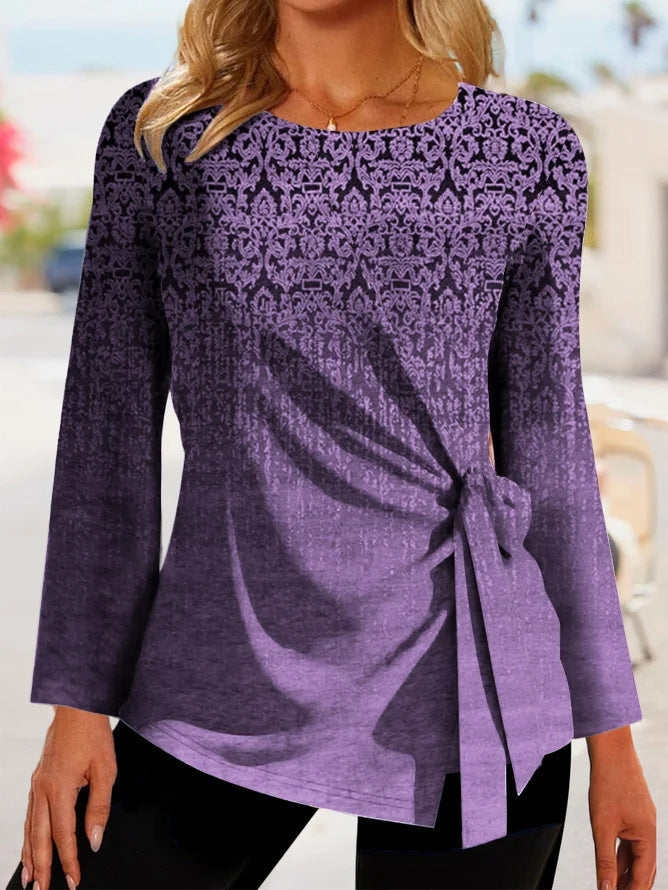 Women's Long Sleeve T-shirt – Relaxed Fit – Patterned – Side Tie Detail