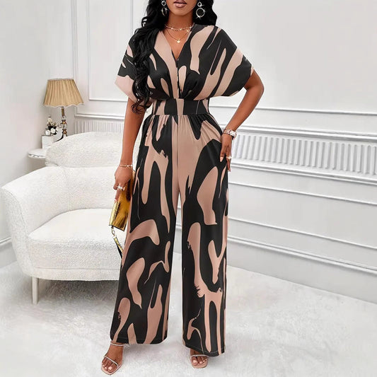 Women's jumpsuit – V-neck – Wide legs – Short sleeves – Elastic waist – Abstract pattern