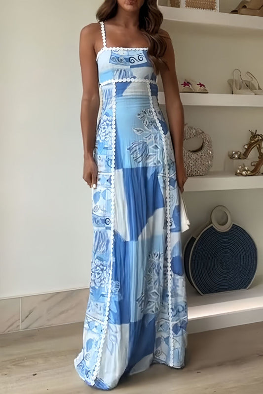 Dress woman – Maxi length – Sleeveless A-line – Floral print with lace trim
