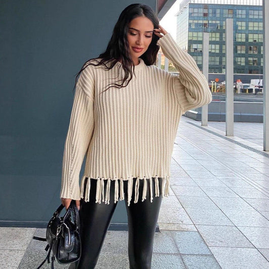Women's Sweater – Oversized Fit – Wool Blend – Rib Knit – Fringe Hem