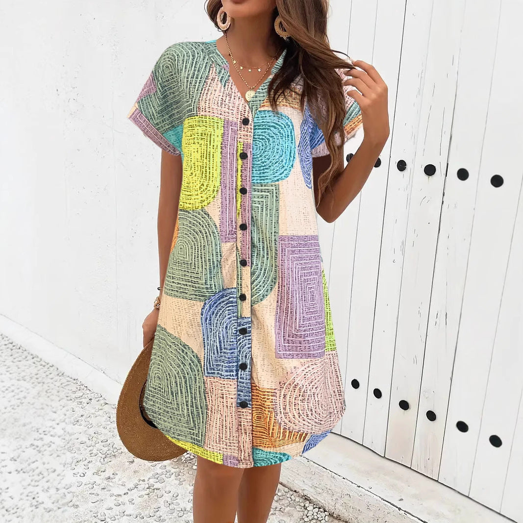 Dress for Women – Loose Fit – V-Neck – Front Buttons – Short-Sleeved – Geometric Pattern
