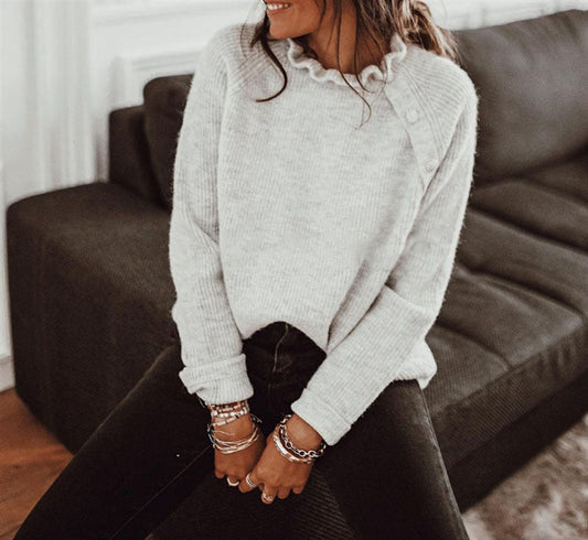 Women's Sweater – Wool Blend – Relaxed Fit – Ruffle Neck – Button Decor Shoulder