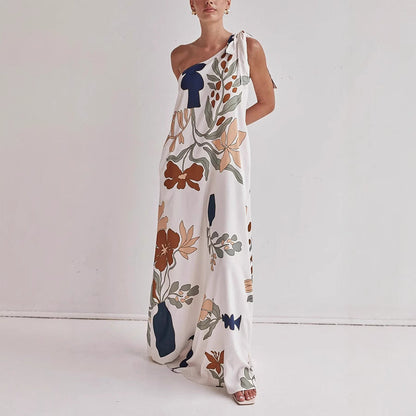 Dress for Women – One-Shoulder Design – Loose Fit – Cotton – All-Over Print