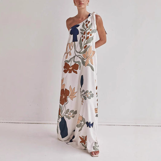 Dress for Women – One-Shoulder Design – Loose Fit – Cotton – All-Over Print