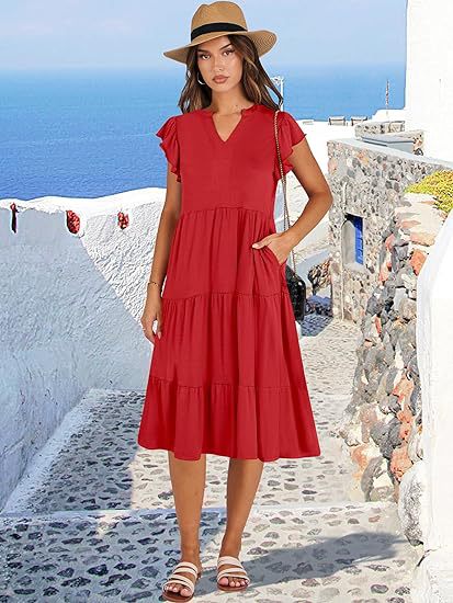 Women's Midi Dress – V-Neck – Short Sleeved with Ruffles – Loose Fit – Ruffled Skirt