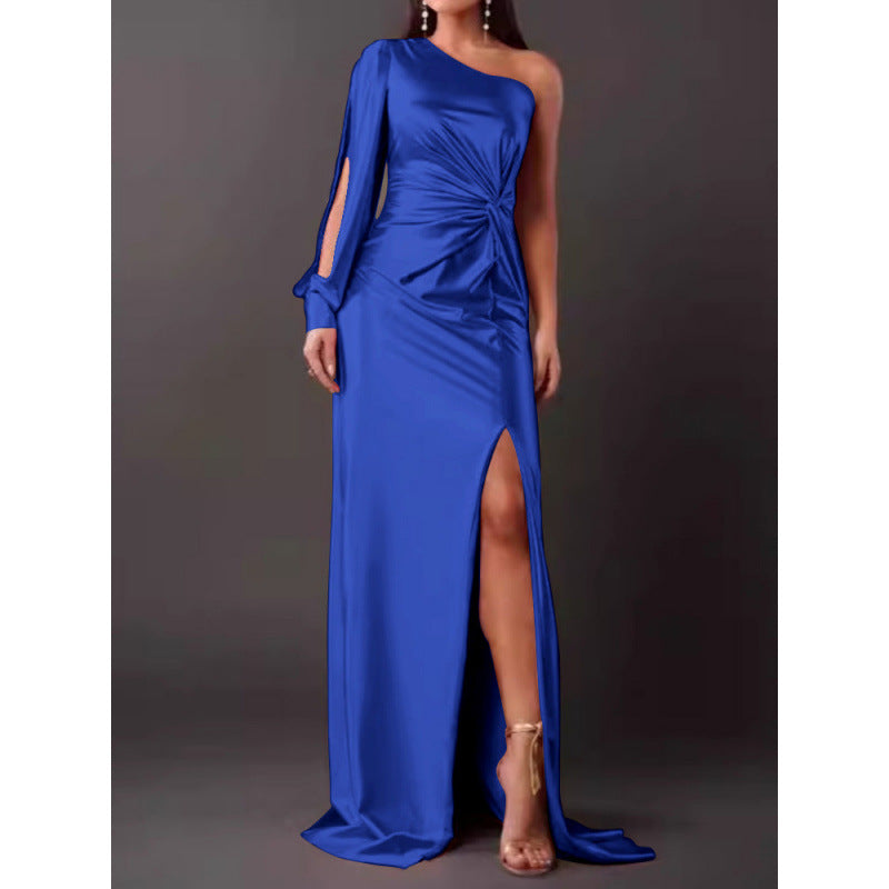 Dress for Women – Maxi Dress – Slim Fit – Satin – One Shoulder – High Slit – Draped Waist
