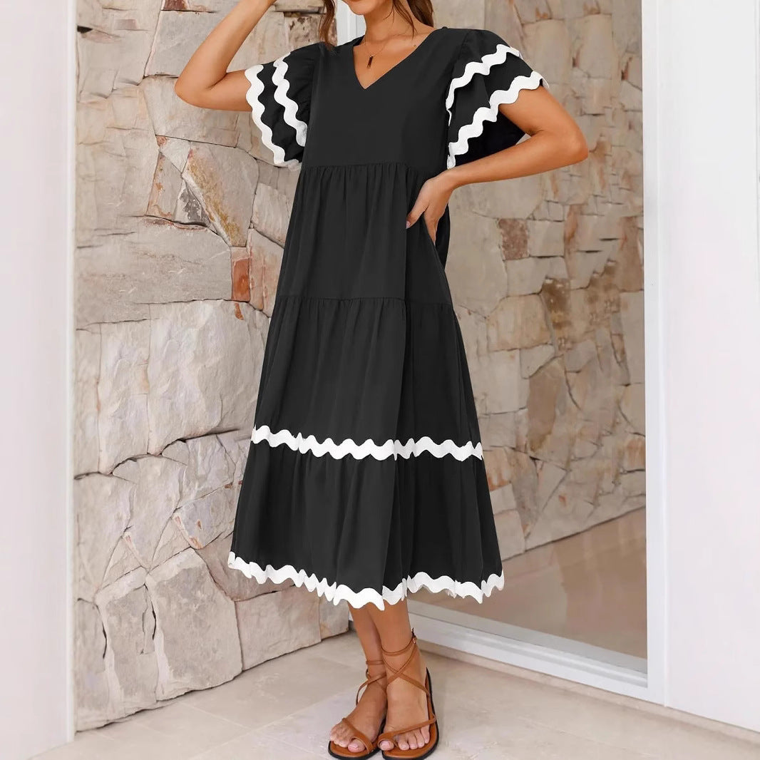 Women's midi dress – relaxed fit – v-neck – ruffle sleeves – breathable fabric