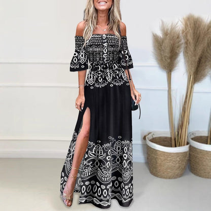 Kjole for dame – Off shoulder maxi – Lett stoff – Høyt splitt – Trykt mønster