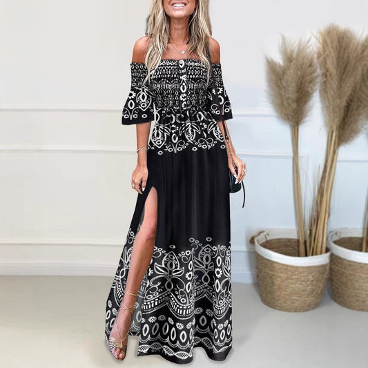 Dress for Women – Off Shoulder Maxi – Light Fabric – High Slit – Printed Pattern