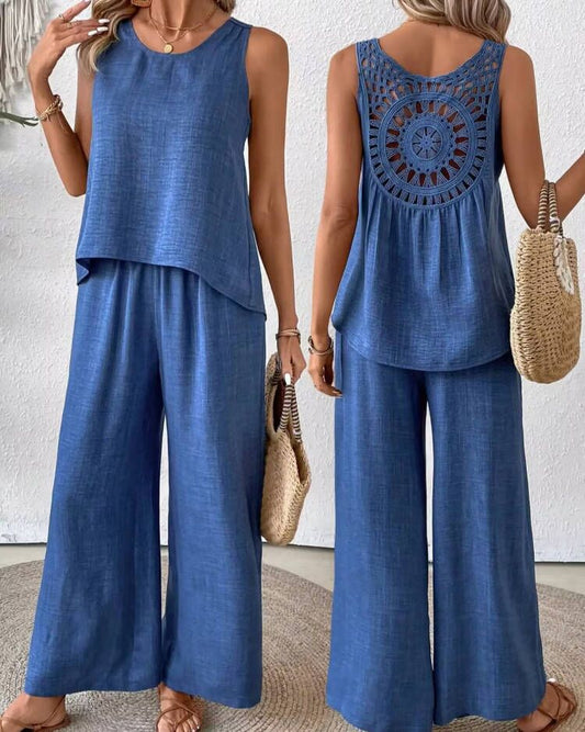 Women's Two-piece Set – Linen Blend – Sleeveless Top with Crochet Details – Wide Pants