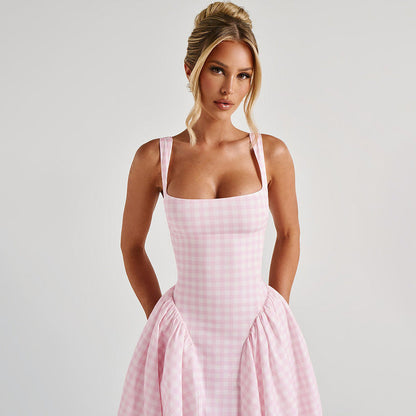 Dress for Women – Midi Length – Princess Cut – Check Pattern – Thin Straps – Cotton