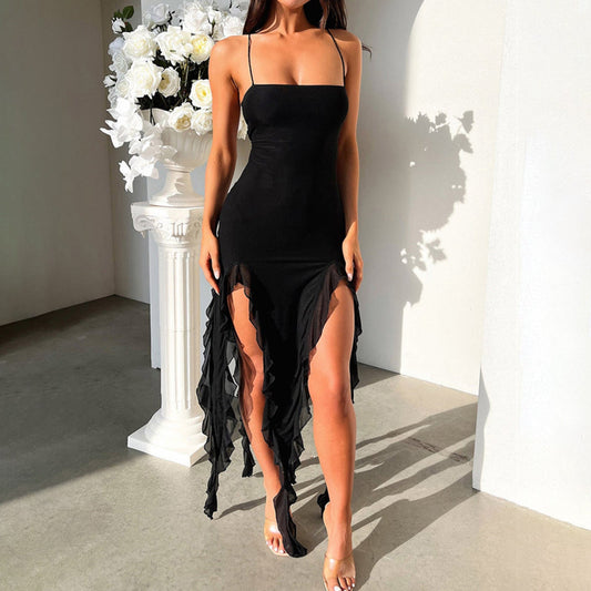 Dress for Women – Midi Length – Slim Fit – Spaghetti Straps – Asymmetric Ruffle Hem