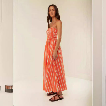 Maxi Dress Women – Off-Shoulder – Spaghetti Straps – Light Cotton – Ruched Waist – Loose Fit