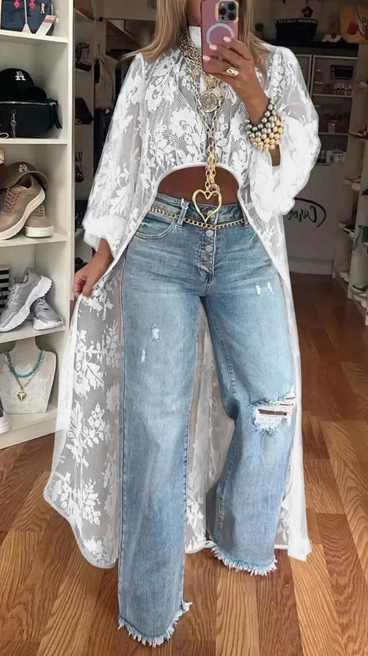 Women's Long Kimono – Sheer Floral Design – Loose Fit – Light and Elegant Layering