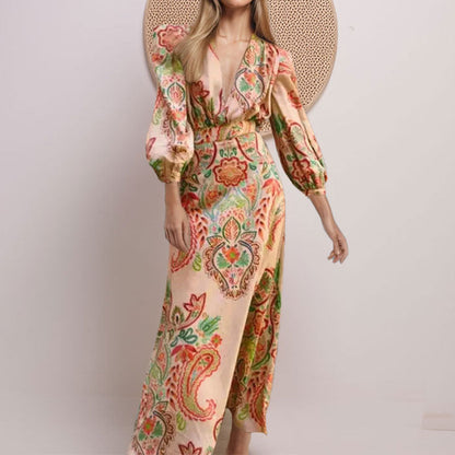 Dress for Women – A-line – V-neck – Long Sleeves – Elegant Paisley Pattern