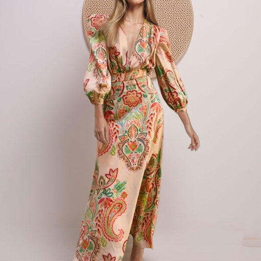 Dress for Women – A-line – V-neck – Long Sleeves – Elegant Paisley Pattern