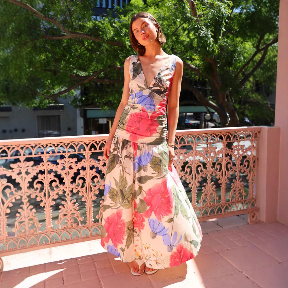 Dress woman – Maxi dress – Slim fit – Deep V-neck – Spaghetti straps – Floral print