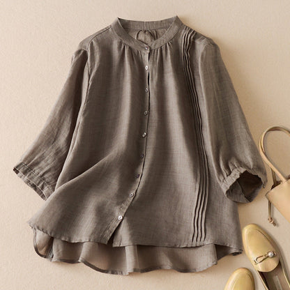 Women's Shirt with Half Sleeve – Relaxed Fit – Natural Fibers – Stand Collar – Pleat Detail