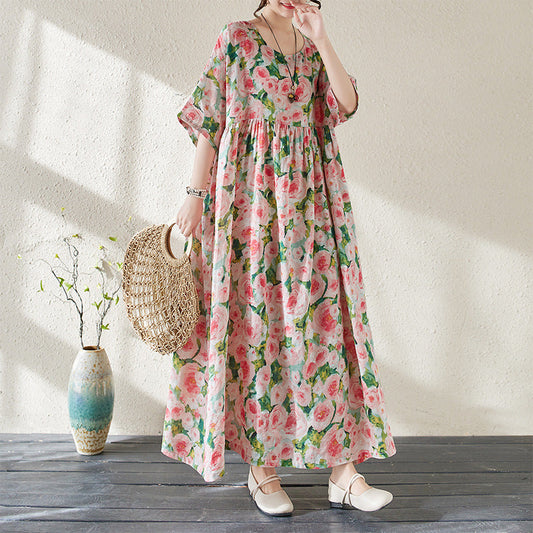 Dress woman – Long maxi dress – Floral print – Loose fit – 3/4 sleeves – Breathable fabric
