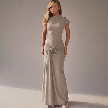 Dress woman – Floor-length – Tight fit – Draped waist – Short sleeves – Elegant